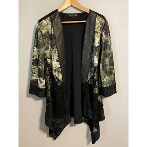 Vintage Studio VK Kimono Womens XL Black Green Open Front Boho Floral Velvet USA